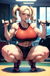 anime,muscular,huge boobs,50s age,orgasm face,blonde,pigtails hair style,light skin,crisp anime,gym,front view,squatting,nude