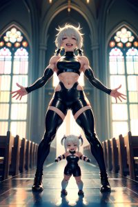 anime,muscular,small tits,18 age,laughing face,white hair,pigtails hair style,light skin,cyberpunk,church,front view,t-pose,latex