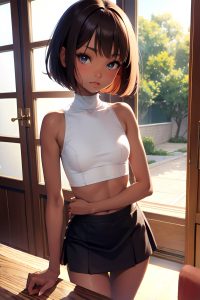 anime,skinny,small tits,18 age,pouting lips face,ginger,bobcut hair style,dark skin,soft + warm,kitchen,front view,plank,mini skirt