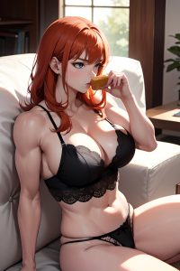 anime,muscular,huge boobs,30s age,serious face,ginger,bangs hair style,light skin,black and white,couch,side view,eating,lingerie