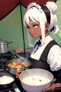 anime,busty,small tits,80s age,happy face,white hair,hair bun hair style,dark skin,black and white,tent,side view,cooking,maid