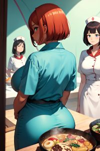anime,busty,huge boobs,40s age,shocked face,ginger,bobcut hair style,dark skin,mirror selfie,tent,back view,cooking,nurse