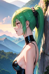 anime,busty,small tits,30s age,ahegao face,green hair,ponytail hair style,light skin,soft + warm,mountains,back view,sleeping,latex