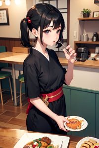 anime,busty,small tits,50s age,sad face,black hair,pigtails hair style,light skin,warm anime,cafe,front view,eating,geisha