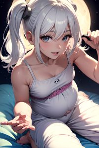 anime,pregnant,small tits,80s age,happy face,white hair,pigtails hair style,light skin,charcoal,moon,close-up view,working out,pajamas