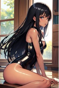 anime,skinny,small tits,18 age,shocked face,black hair,straight hair style,dark skin,watercolor,church,side view,plank,latex