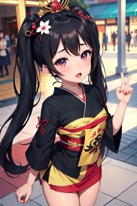 anime,busty,small tits,40s age,ahegao face,black hair,pigtails hair style,dark skin,crisp anime,mall,front view,on back,geisha