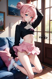 anime,skinny,small tits,18 age,sad face,pink hair,hair bun hair style,light skin,painting,couch,side view,jumping,mini skirt