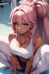 anime,muscular,huge boobs,50s age,serious face,pink hair,hair bun hair style,dark skin,watercolor,hospital,close-up view,squatting,stockings
