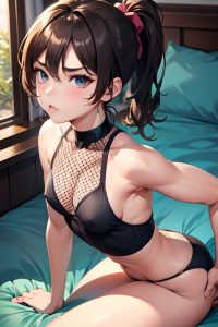 anime,muscular,small tits,18 age,pouting lips face,brunette,ponytail hair style,light skin,charcoal,bedroom,close-up view,plank,fishnet