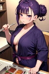 anime,chubby,small tits,30s age,angry face,purple hair,hair bun hair style,dark skin,soft anime,casino,close-up view,cooking,bathrobe