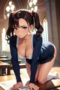 anime,busty,small tits,50s age,serious face,brunette,pigtails hair style,dark skin,watercolor,church,front view,bending over,teacher