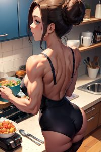 anime,muscular,small tits,40s age,shocked face,brunette,hair bun hair style,dark skin,skin detail (beta),cafe,back view,cooking,stockings