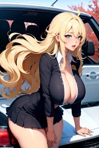 anime,busty,huge boobs,20s age,ahegao face,blonde,messy hair style,dark skin,charcoal,car,side view,bending over,schoolgirl
