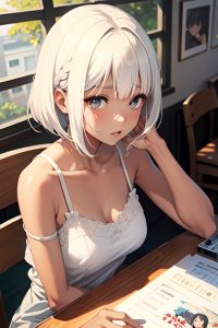 anime,skinny,small tits,40s age,sad face,white hair,bangs hair style,dark skin,painting,cafe,close-up view,gaming,teacher