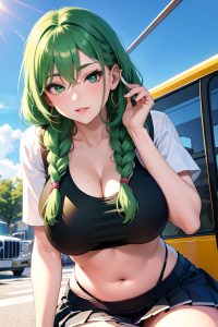 anime,skinny,huge boobs,80s age,seductive face,green hair,braided hair style,light skin,soft + warm,bus,close-up view,gaming,schoolgirl