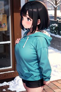 anime,chubby,small tits,40s age,sad face,black hair,bangs hair style,dark skin,painting,snow,side view,working out,goth