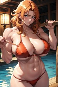 anime,muscular,huge boobs,70s age,serious face,ginger,messy hair style,light skin,crisp anime,onsen,close-up view,working out,bikini