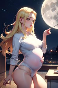 anime,pregnant,small tits,50s age,pouting lips face,blonde,slicked hair style,light skin,painting,moon,side view,jumping,teacher