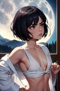 anime,muscular,small tits,40s age,angry face,black hair,bobcut hair style,light skin,crisp anime,moon,side view,working out,bathrobe