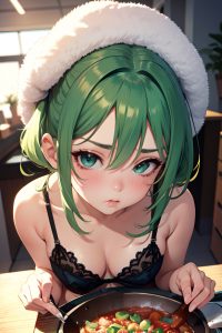 anime,busty,small tits,80s age,pouting lips face,green hair,slicked hair style,light skin,soft + warm,office,close-up view,cooking,lingerie
