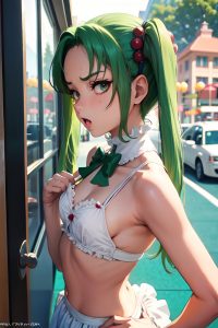 anime,skinny,small tits,70s age,angry face,green hair,pigtails hair style,light skin,warm anime,casino,side view,cumshot,maid