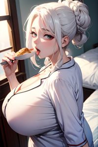 anime,busty,huge boobs,30s age,orgasm face,white hair,hair bun hair style,light skin,vintage,snow,back view,eating,pajamas
