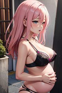 anime,pregnant,small tits,40s age,orgasm face,pink hair,straight hair style,dark skin,charcoal,oasis,back view,on back,bra