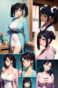 anime,skinny,huge boobs,20s age,happy face,black hair,pigtails hair style,light skin,vintage,shower,side view,jumping,bathrobe