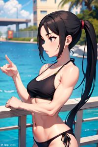 anime,muscular,small tits,20s age,seductive face,black hair,pigtails hair style,light skin,comic,stage,side view,yoga,bikini