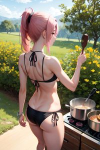 anime,skinny,small tits,30s age,angry face,pink hair,ponytail hair style,dark skin,crisp anime,meadow,back view,cooking,bikini