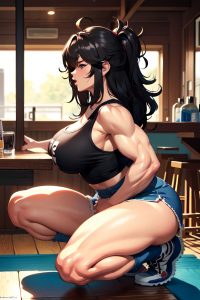 anime,muscular,huge boobs,70s age,orgasm face,black hair,messy hair style,light skin,painting,bar,side view,squatting,mini skirt