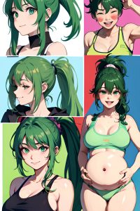 anime,pregnant,small tits,80s age,laughing face,green hair,ponytail hair style,light skin,cyberpunk,oasis,close-up view,working out,teacher