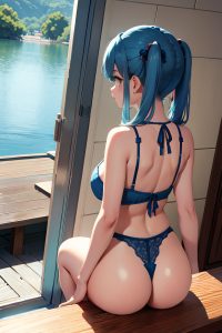 anime,chubby,small tits,70s age,sad face,blue hair,pigtails hair style,light skin,illustration,lake,back view,spreading legs,lingerie