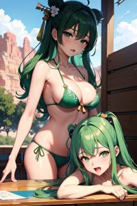 anime,busty,small tits,70s age,orgasm face,green hair,messy hair style,dark skin,soft anime,desert,front view,working out,geisha