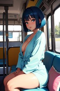 anime,chubby,small tits,70s age,seductive face,blue hair,bobcut hair style,dark skin,painting,bus,side view,jumping,bathrobe