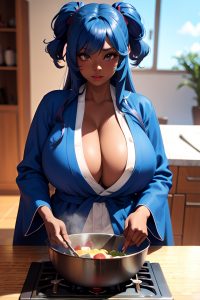 anime,busty,huge boobs,70s age,pouting lips face,blue hair,messy hair style,dark skin,3d,cave,front view,cooking,bathrobe