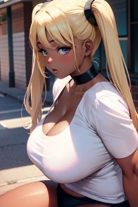 anime,chubby,huge boobs,40s age,serious face,blonde,pigtails hair style,dark skin,film photo,street,close-up view,yoga,stockings