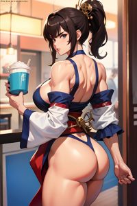 anime,muscular,huge boobs,80s age,serious face,brunette,ponytail hair style,light skin,comic,cafe,front view,on back,geisha