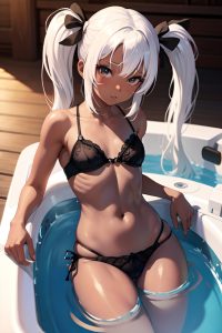 anime,skinny,small tits,20s age,shocked face,white hair,pigtails hair style,dark skin,painting,hot tub,front view,t-pose,lingerie