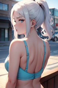 anime,chubby,small tits,18 age,serious face,white hair,slicked hair style,light skin,watercolor,street,back view,plank,bra