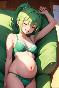 anime,pregnant,small tits,18 age,happy face,green hair,ponytail hair style,light skin,3d,club,front view,sleeping,bra