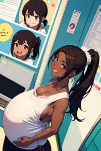 anime,pregnant,small tits,70s age,laughing face,brunette,ponytail hair style,dark skin,dark fantasy,train,front view,on back,teacher