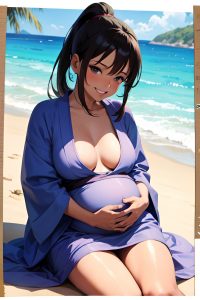 anime,pregnant,small tits,60s age,laughing face,brunette,ponytail hair style,dark skin,watercolor,beach,front view,eating,kimono