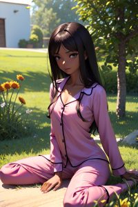 anime,skinny,small tits,60s age,seductive face,brunette,straight hair style,dark skin,3d,meadow,front view,straddling,pajamas