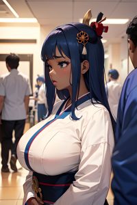 anime,busty,huge boobs,50s age,sad face,blue hair,bangs hair style,dark skin,warm anime,hospital,side view,t-pose,geisha