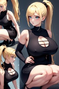 anime,skinny,huge boobs,18 age,shocked face,blonde,ponytail hair style,dark skin,comic,church,close-up view,squatting,goth