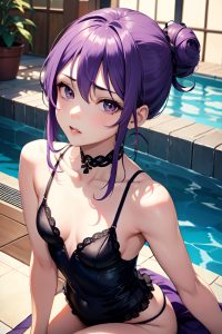 anime,skinny,small tits,30s age,sad face,purple hair,hair bun hair style,light skin,dark fantasy,pool,front view,straddling,maid