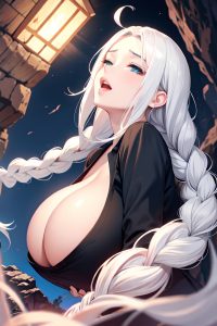 anime,busty,huge boobs,30s age,orgasm face,white hair,braided hair style,light skin,black and white,cave,front view,plank,pajamas