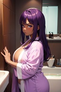 anime,chubby,small tits,30s age,angry face,purple hair,straight hair style,dark skin,painting,bathroom,side view,yoga,bathrobe